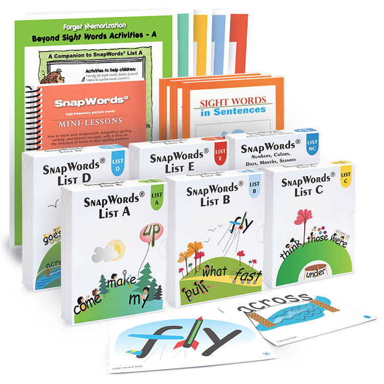 Collection of SnapWords educational materials, including books, flashcards, and activity guides, displayed together.