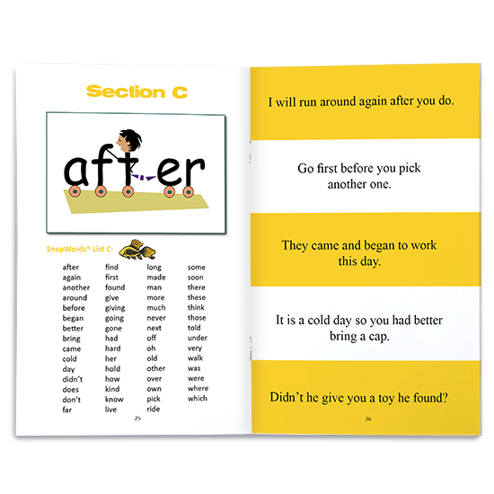 SnapWords Section C open page showing the word 'after' with illustrated text and example sentences in yellow.