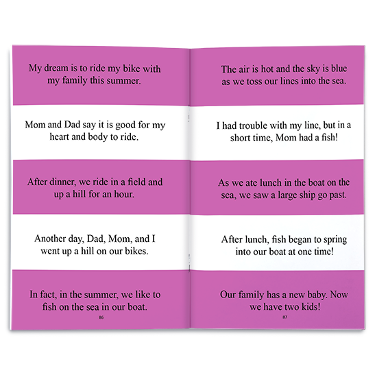 SnapWords book open to purple pages featuring example sentences about biking and fishing with family.