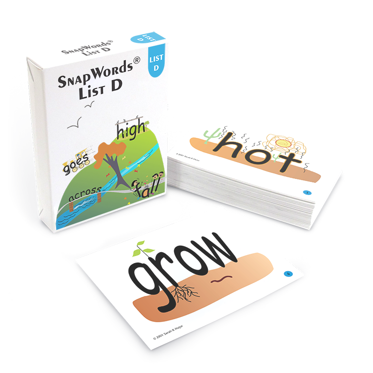 SnapWords List D cards with words 'hot' and 'grow,' featuring illustrations for engaging sight word learning and recognition.