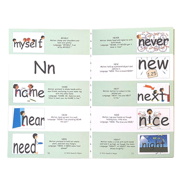 SnapWords® teaching booklet displaying vocabulary words starting with 'N,' including 'myself,' 'name,' 'near,' 'need,' 'never,' 'new,' 'next,' 'nice,' and 'night,' with illustrations and teaching motions.