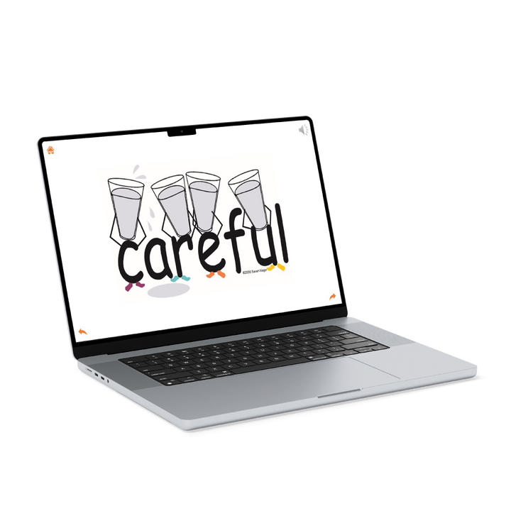 Open laptop displaying the word 'careful' with illustrations of spilling glasses on the screen.