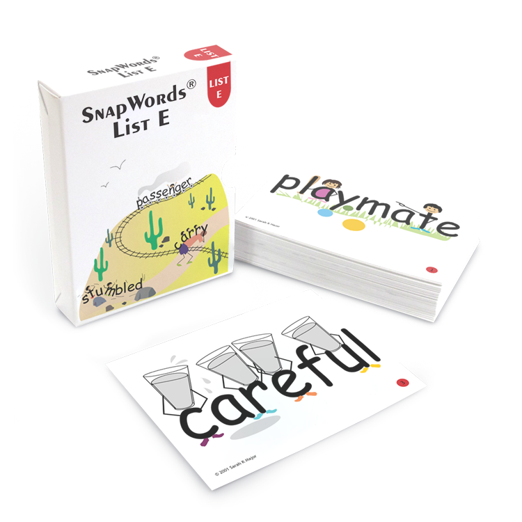 SnapWords List E set with a box displaying words like 'passenger' and 'stumbled' alongside illustrated cards 'playmate' and 'careful'.