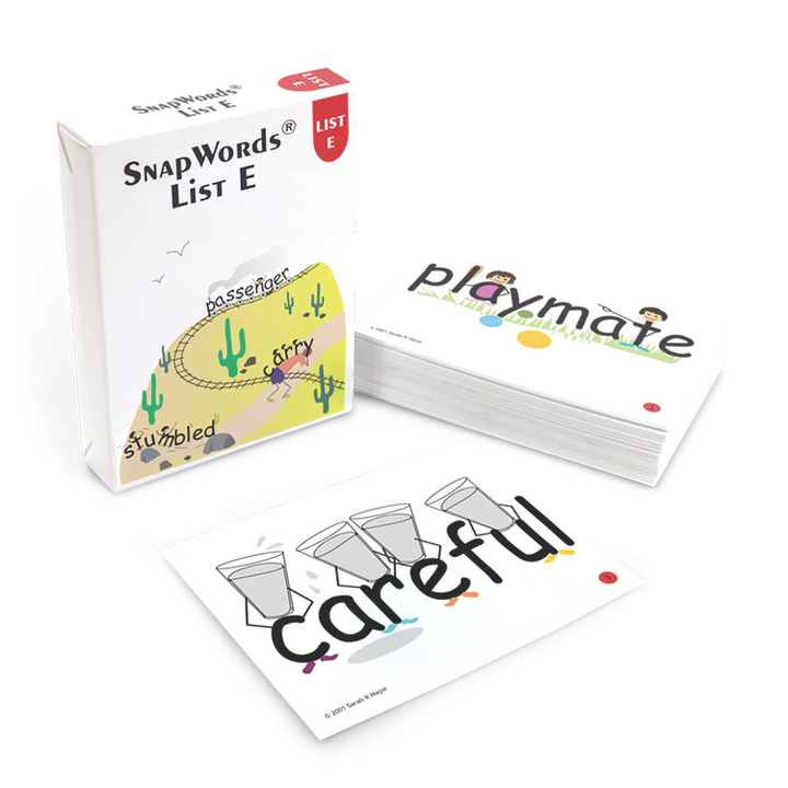 SnapWords List E set with a box displaying words like 'passenger' and 'stumbled' alongside illustrated cards 'playmate' and 'careful'.