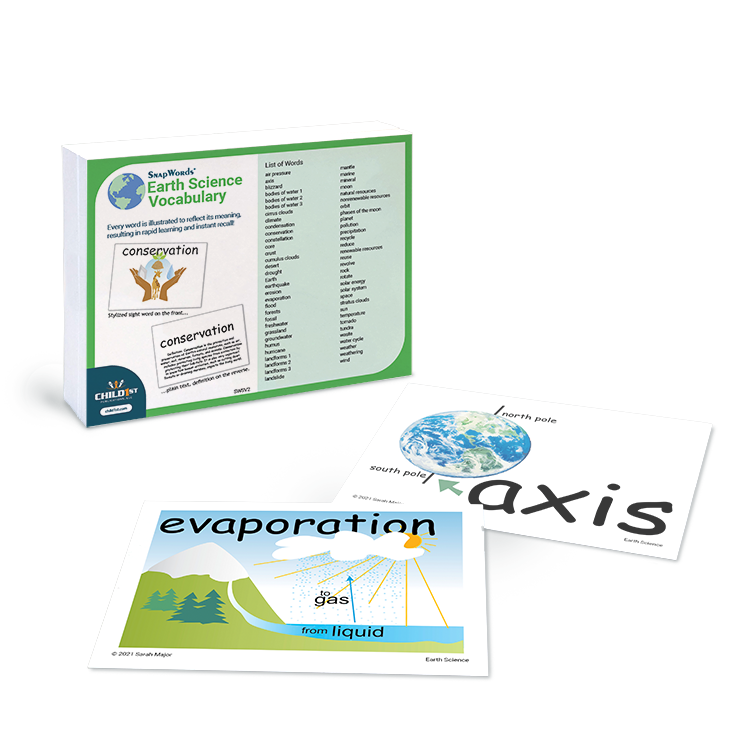 SnapWords Earth Science Vocabulary set with cards featuring 'axis' of Earth, 'evaporation', and conservation definition.