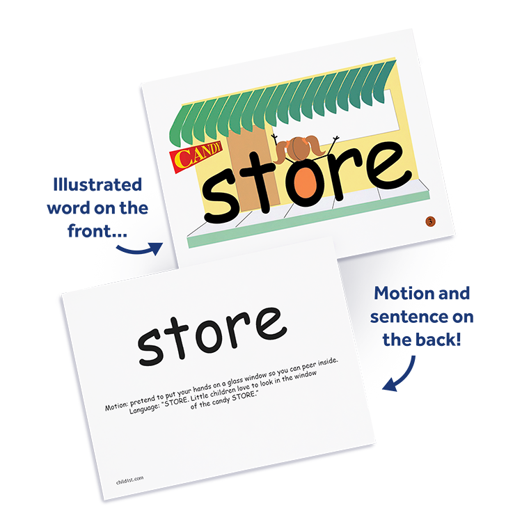 Flashcard featuring the word 'store' in front of a candy shop, with a motion prompt and sentence on the reverse side.