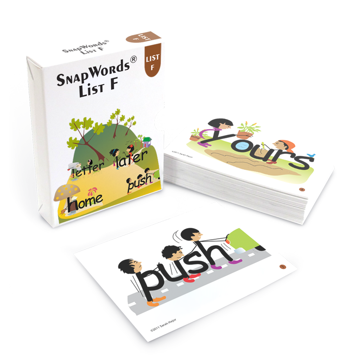 SnapWords List F cards with 'yours' and 'push,' featuring illustrations for interactive learning and sight word mastery.