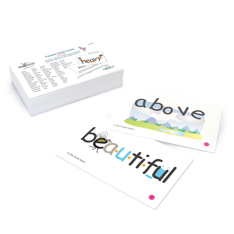 SnapWords List G Pocket Chart Cards featuring 'above' with a scenic background and 'beautiful' with a bee illustration.