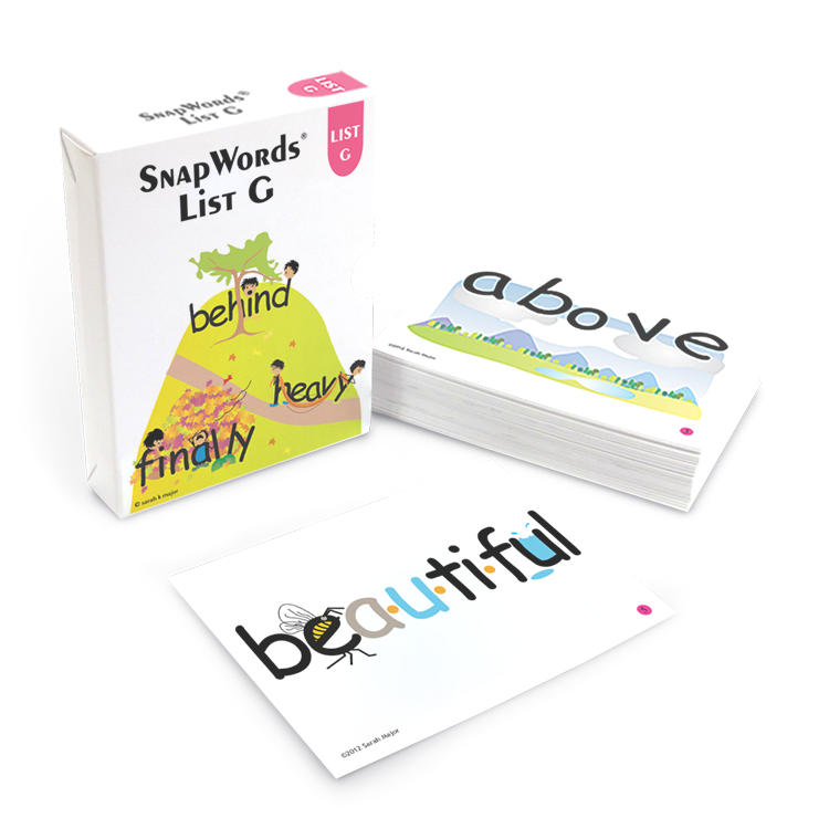 SnapWords List G cards with illustrations for words like 'above' and 'beautiful,' promoting visual learning and word recognition.