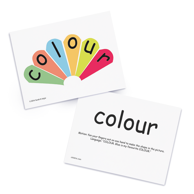 Educational cards illustrating 'colour' with a rainbow fan, including instructions for using hand motions to reinforce learning.