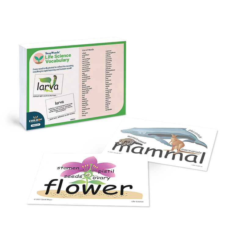 SnapWords Life Science Vocabulary cards for 'flower' and 'mammal,' aiding visual learning with illustrated biology concepts.