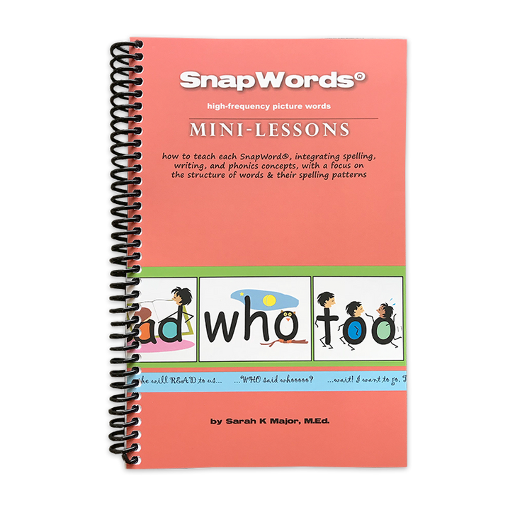 SnapWords Mini-Lessons book cover featuring the words 'and,' 'who,' and 'too' with illustrations for each word.