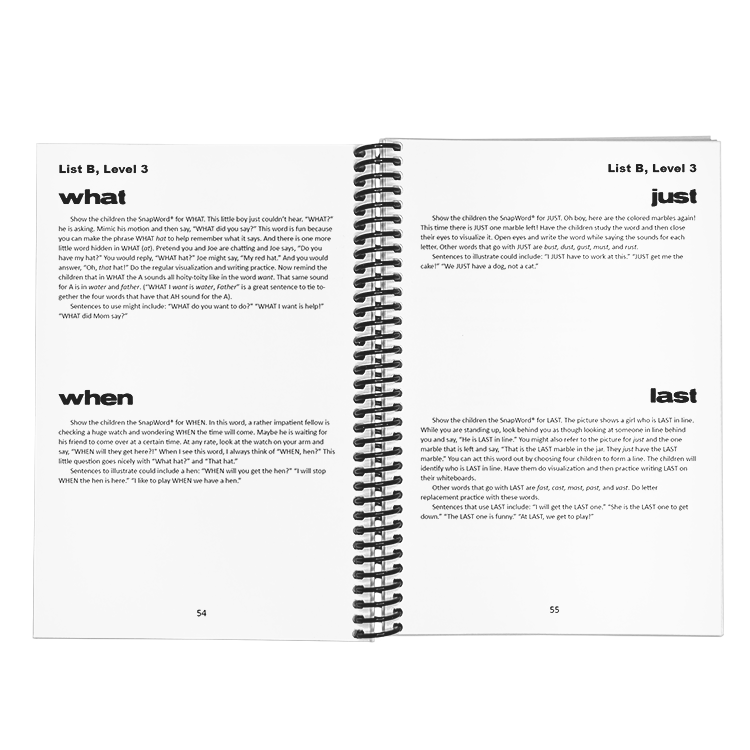 Open pages of the SnapWords® teaching manual, Level 3, showing instructional guides for teaching words 'what,' 'when,' 'just,' and 'last' from List B.