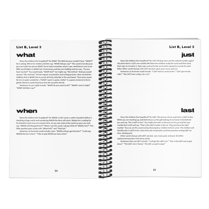 Open pages of the SnapWords® teaching manual, Level 3, showing instructional guides for teaching words 'what,' 'when,' 'just,' and 'last' from List B.