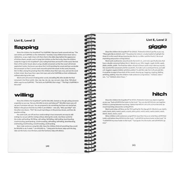 Open spiral-bound SnapWords® teaching manual showing detailed instructions for teaching words like 'flapping,' 'willing,' 'giggle,' and 'hitch' from List E, Level 2.