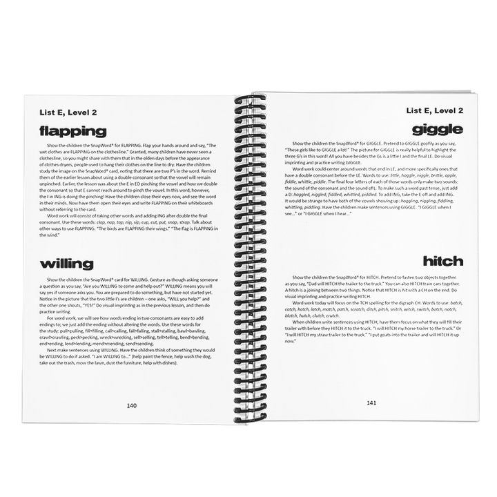 Open spiral-bound SnapWords® teaching manual showing detailed instructions for teaching words like 'flapping,' 'willing,' 'giggle,' and 'hitch' from List E, Level 2.