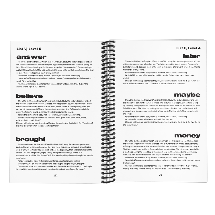 Open pages of SnapWords® teaching manual, Levels 5 and 4, featuring lesson plans for words 'answer,' 'believe,' 'brought,' 'later,' 'maybe,' and 'money' from Lists V and F.