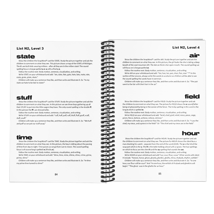 Open pages of SnapWords® teaching manual, Level 3 and Level 4, displaying lesson plans for words 'state,' 'stuff,' 'time,' 'air,' 'field,' and 'hour' from List N2.