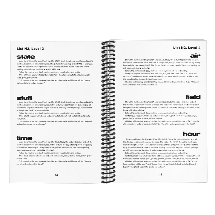 Open pages of SnapWords® teaching manual, Level 3 and Level 4, displaying lesson plans for words 'state,' 'stuff,' 'time,' 'air,' 'field,' and 'hour' from List N2.