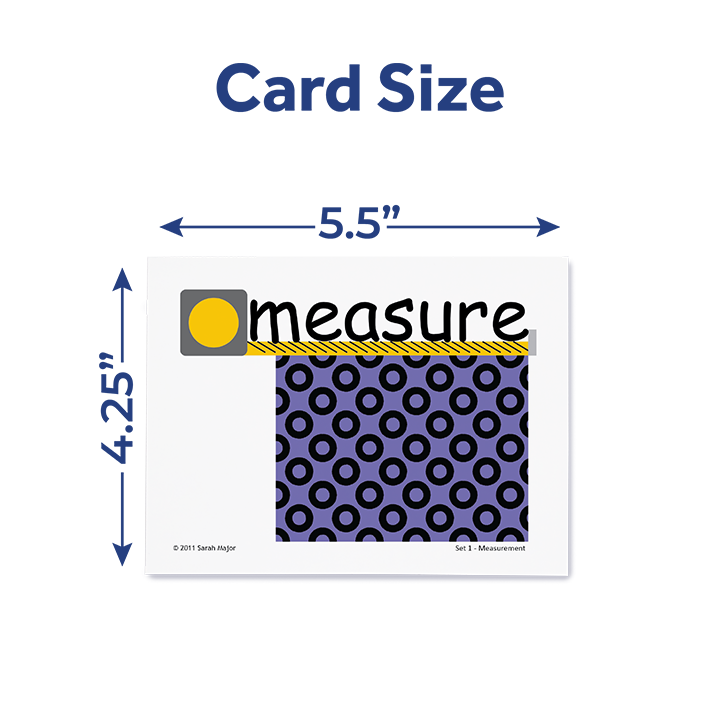 Image of a 5.5" by 4.25" educational card illustrating the word "measure" with a yellow ruler and purple pattern.