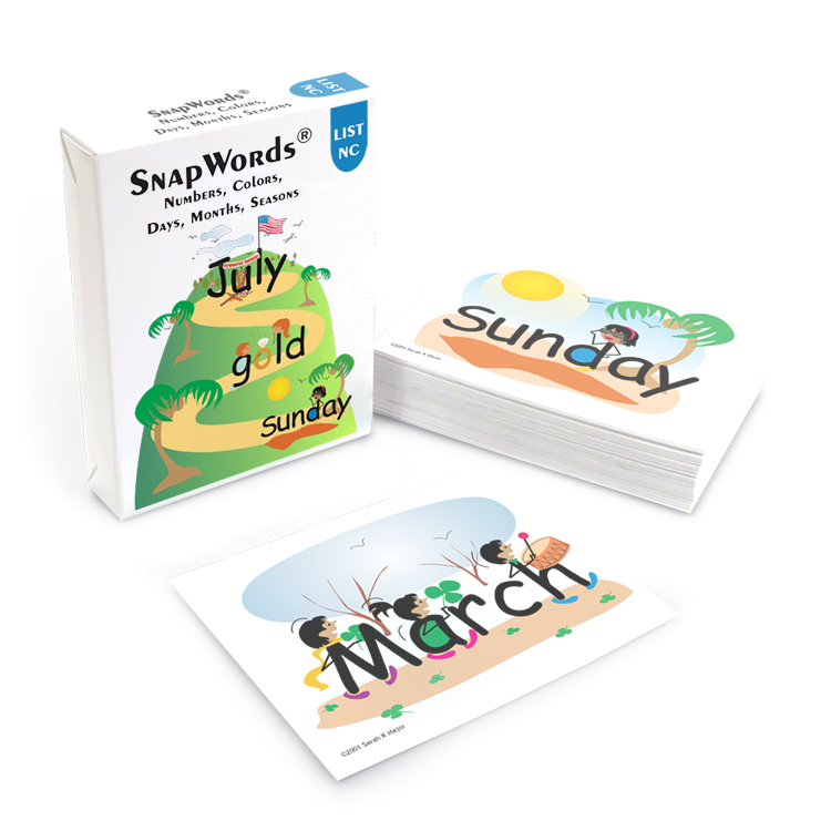 SnapWords® List NC box with stacks of educational cards displaying words like 'July,' 'Sunday,' and 'March,' featuring colorful illustrations for teaching numbers, colors, days, and months.