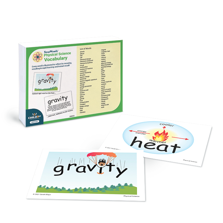 SnapWords® Physical Science Vocabulary set with cards featuring words like 'gravity' and 'heat,' designed for visual learning and vocabulary enhancement.