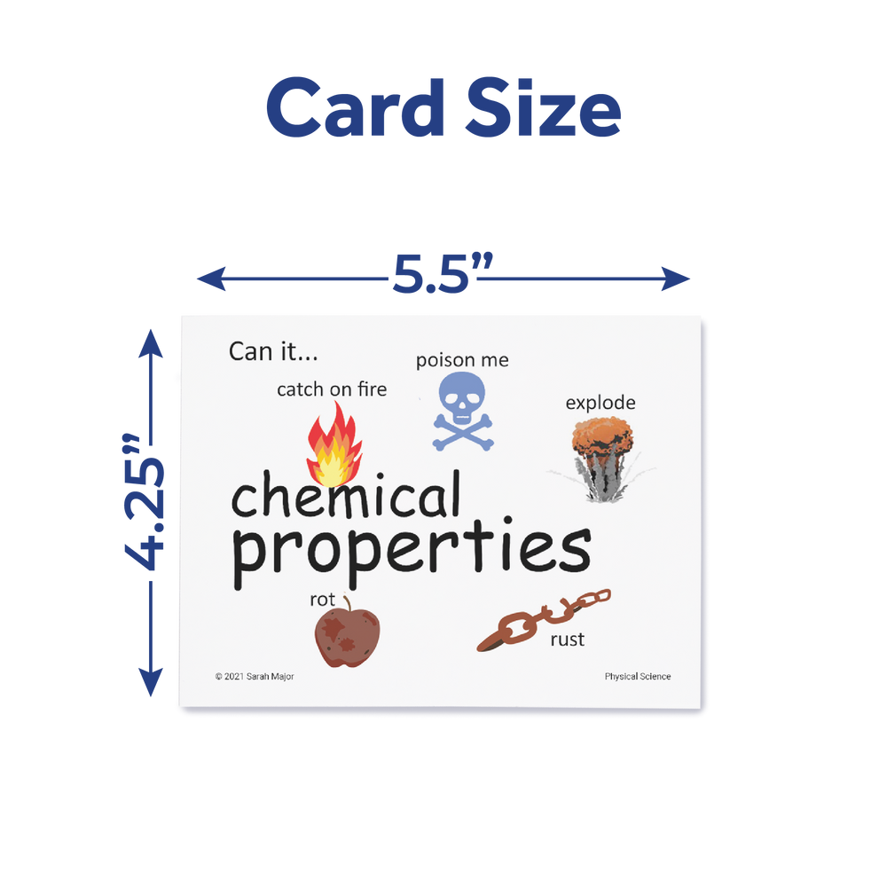 Illustration of a SnapWords® card displaying 'chemical properties' with images of fire, skull, explosion, rot, and rust, measuring 5.5 by 4.25 inches.