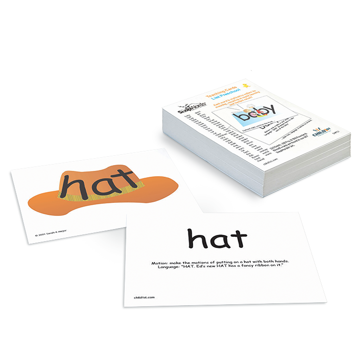 A set of educational flashcards featuring the word 'hat' with an illustration of a hat. The cards include a teaching guide for preschool vocabulary.