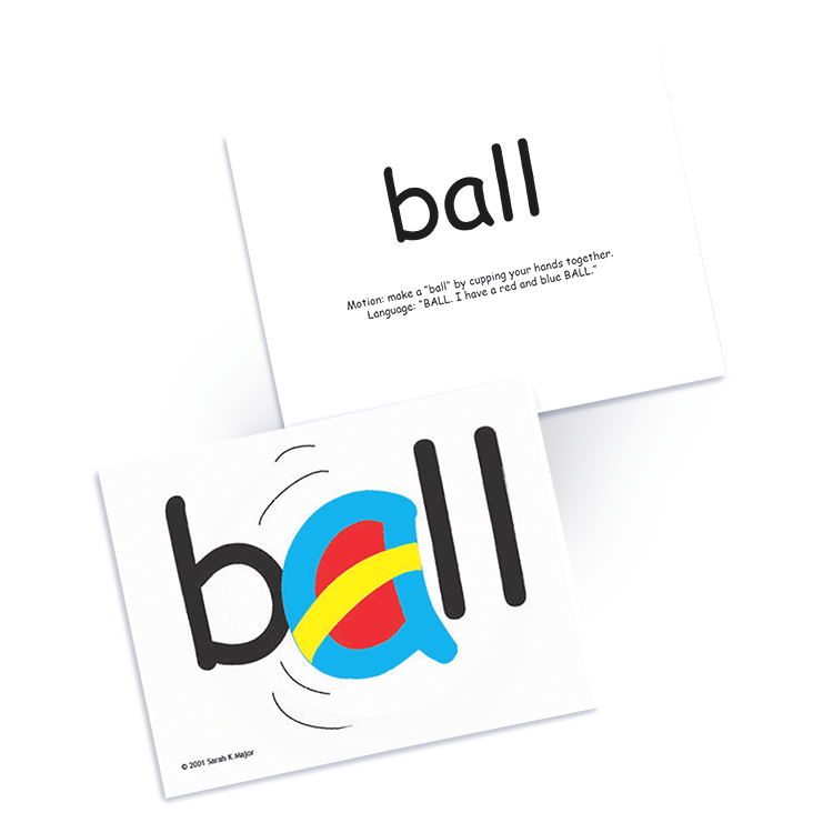 Educational flashcards displaying the word "ball" with a colorful illustration of a bouncing ball, designed to aid children's word recognition and pronunciation skills.