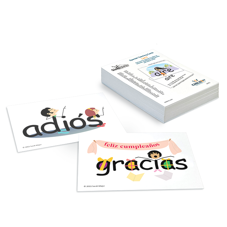 Stack of Spanish vocabulary flashcards featuring 'adiós' and 'gracias' with illustrations, used for language learning.