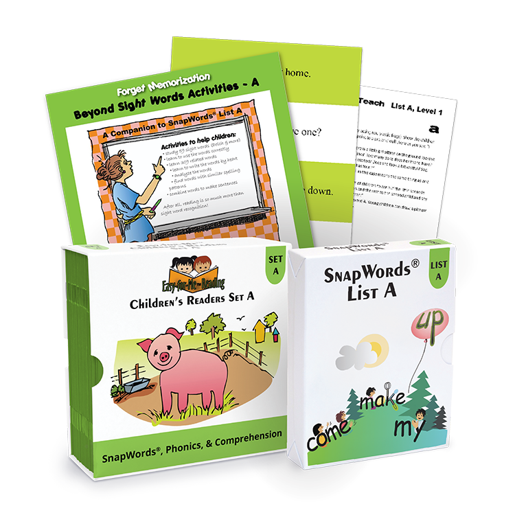 Transparent image of SnapWords® System Kit A, featuring a complete set of multisensory sight word tools designed to improve reading skills.