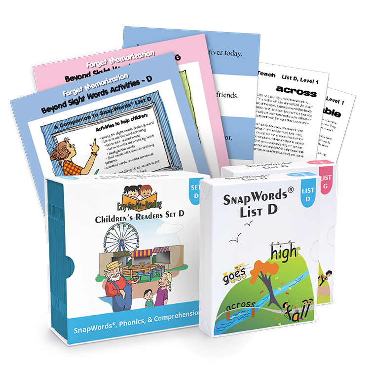 Transparent image of SnapWords® System Kit D, showcasing a complete set of multisensory sight word tools for literacy development.