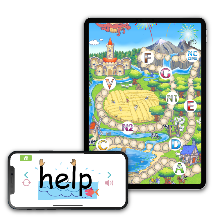 Tablet and phone displaying educational games; a path with letter markers and a word game featuring 'help' with a fish and sound icon.